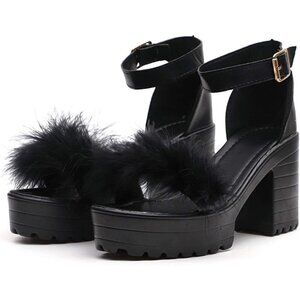 Chunky Platform Ankle buckle Feather embellished heels size 41 or US 9